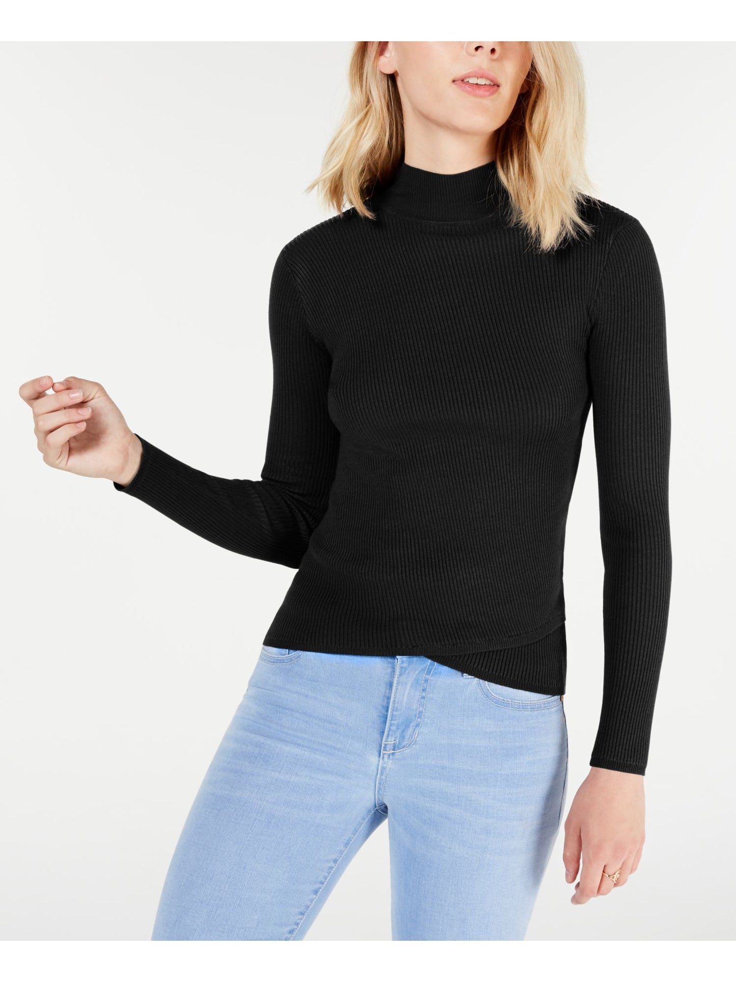 O QUE É? Suéter feminino de malha canelada justa com bainha tulipa e manga comprida, gola falsa, preto, tamanho médio