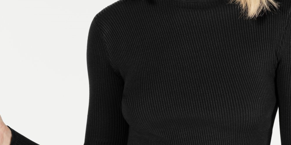 O QUE É? Suéter feminino de malha canelada justa com bainha tulipa e manga comprida, gola falsa, preto, tamanho médio