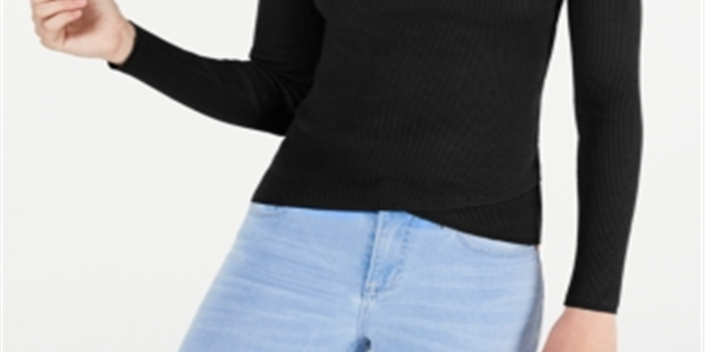 O QUE É? Suéter feminino de malha canelada justa com bainha tulipa e manga comprida, gola falsa, preto, tamanho médio