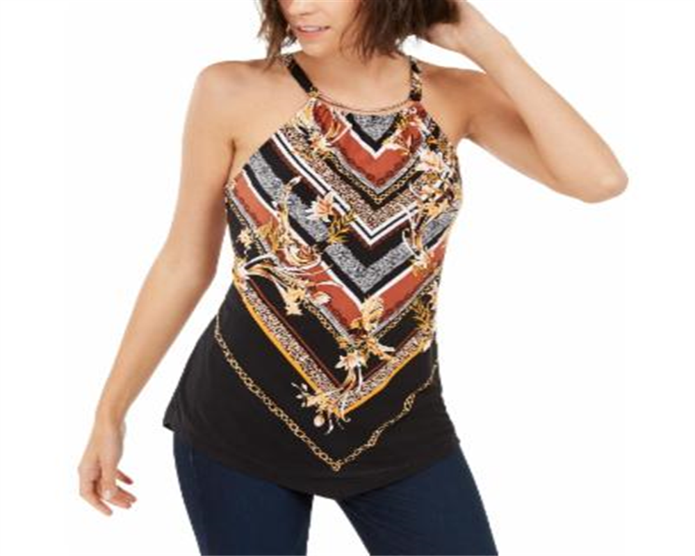 INC International Concepts Top feminino com acabamento em hardware, preto, tamanho pequeno GG