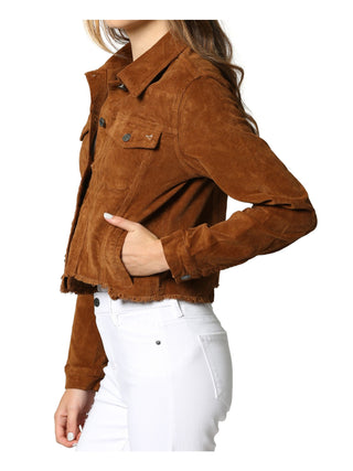 Jaqueta jeans feminina Hidden, cropped, de veludo cotelê, dourada, marrom, tamanho M