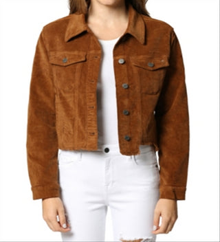 Jaqueta jeans feminina Hidden, cropped, de veludo cotelê, dourada, marrom, tamanho M