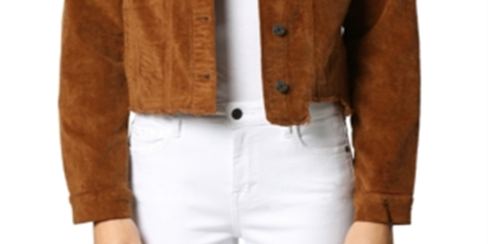 Jaqueta jeans feminina Hidden, cropped, de veludo cotelê, dourada, marrom, tamanho M