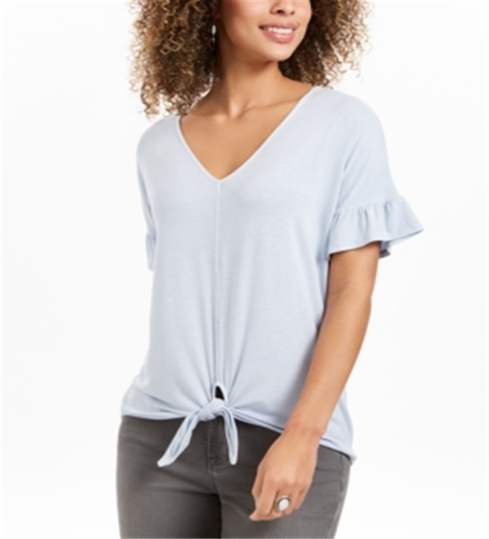 Blusa feminina estilo &amp; co, manga bufante, amarrada na frente, azul, tamanho XS