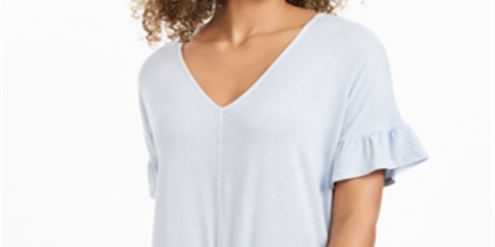 Blusa feminina estilo &amp; co, manga bufante, amarrada na frente, azul, tamanho XS