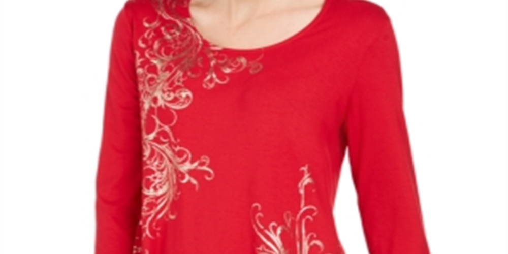 JM Collection Blusa Túnica Feminina Estampada Metálica Vermelha Tamanho X-S