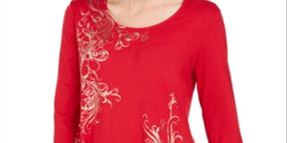 JM Collection Blusa Túnica Feminina Estampada Metálica Vermelha Tamanho X-S