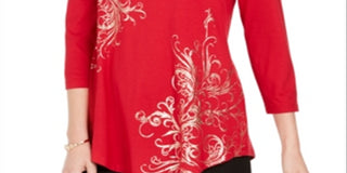 JM Collection Blusa Túnica Feminina Estampada Metálica Vermelha Tamanho X-S