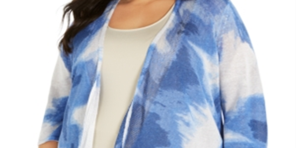 Cardigan feminino Alfani com manga 3/4 e lavagem ácida, azul, tamanho 0X