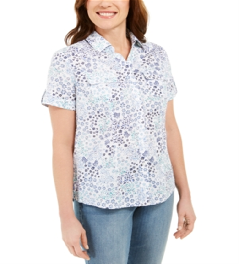 Karen Scott Petite Cotton Printed Clip-Dot Crisp Teal Tamanho PL para mulheres