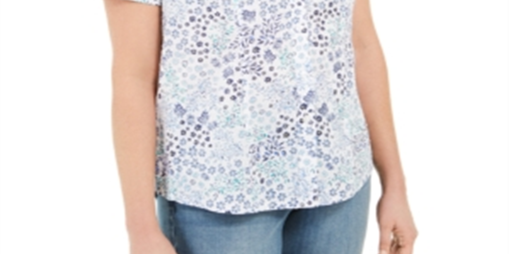 Karen Scott Petite Cotton Printed Clip-Dot Crisp Teal Tamanho PL para mulheres