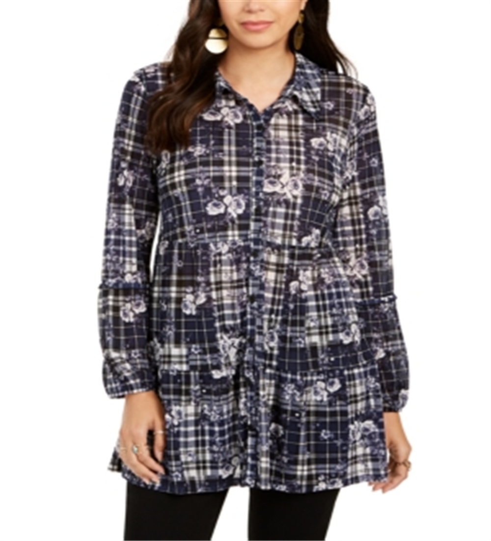 Camisa xadrez com estampa de botões e patch feminino Style Co Style &amp; Co, tamanho XXG