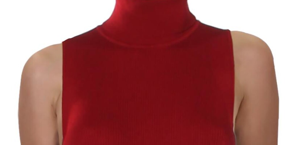 Suéter feminino Anne Klein gola alta canelada sem mangas vermelho tamanho grande
