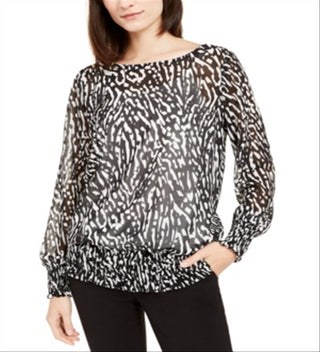 Blusa feminina Alfani com estampa de zebra, manga comprida, gola redonda, branca, tamanho GG
