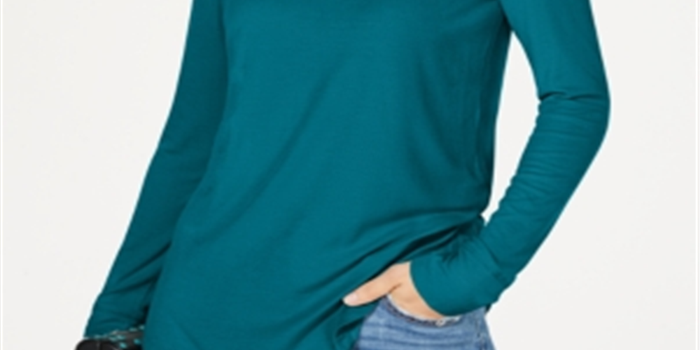 Camiseta feminina canelada manga comprida INC International Concepts, azul, tamanho P