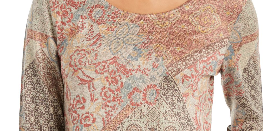 Blusa feminina de malha estampada, manga comprida, decote redondo, marrom, tamanho pequeno