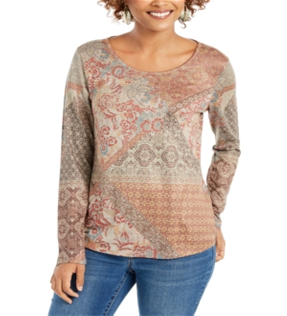 Blusa feminina de malha estampada, manga comprida, decote redondo, marrom, tamanho pequeno