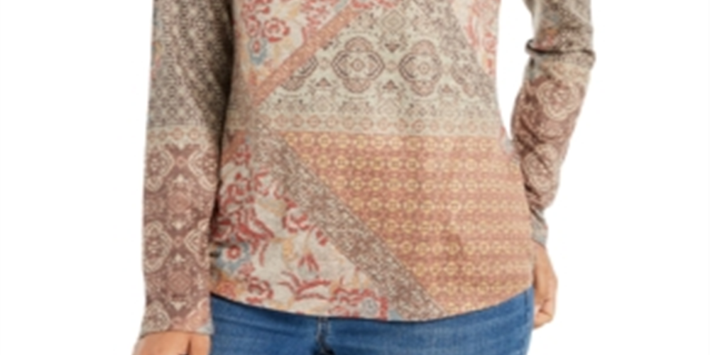 Blusa feminina de malha estampada, manga comprida, decote redondo, marrom, tamanho pequeno