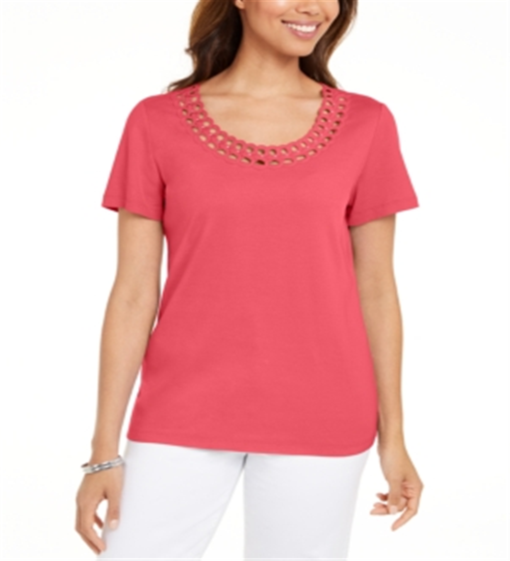 Camiseta feminina Karen Scott de algodão com gola recortada, laranja, tamanho pequeno
