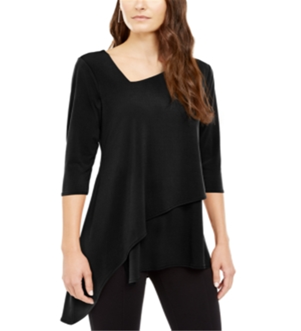 Blusa feminina Alfani Petite Assimétrica com Bainha Envelope - Preto Escuro, tamanho Petit M