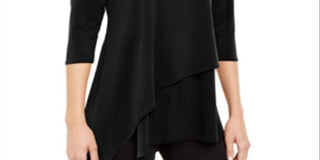 Blusa feminina Alfani Petite Assimétrica com Bainha Envelope - Preto Escuro, tamanho Petit M