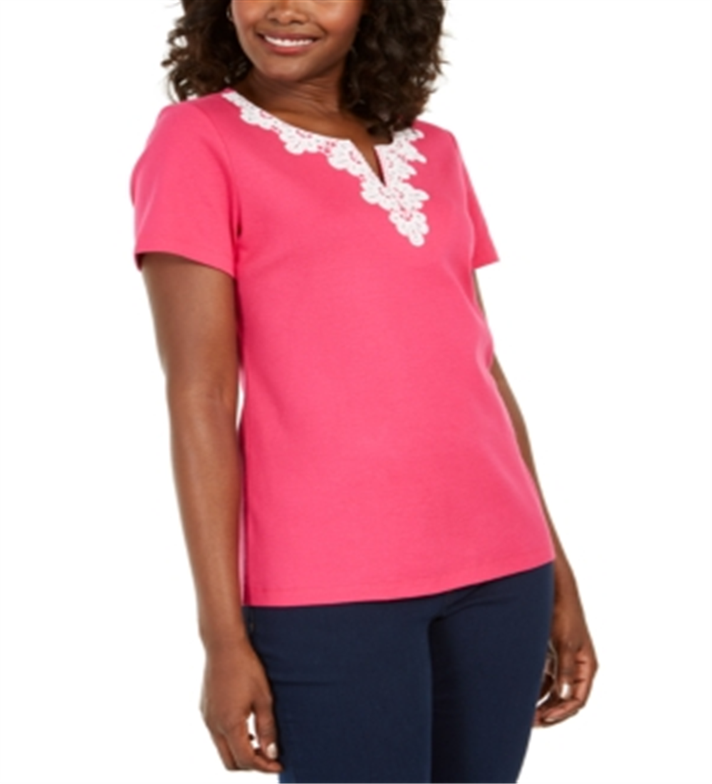 Blusa feminina Karen Scott com decote aberto e acabamento em crochê, rosa, tamanho XS