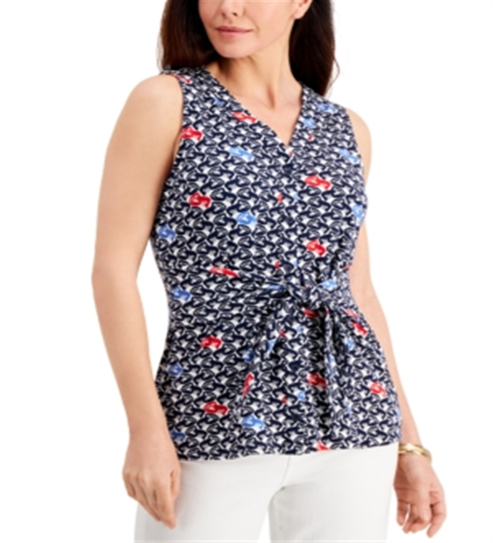 Blusa feminina sem mangas com estampa frontal e amarração Charter Club, azul, tamanho XS