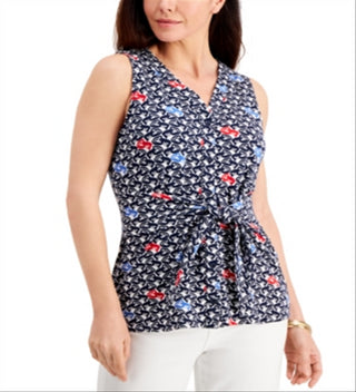 Blusa feminina sem mangas com estampa frontal e amarração Charter Club, azul, tamanho XS