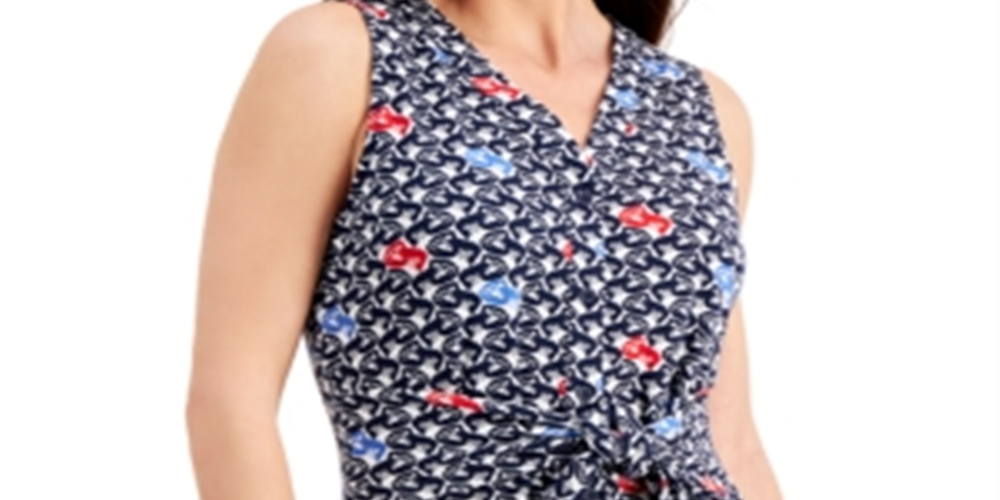 Blusa feminina sem mangas com estampa frontal e amarração Charter Club, azul, tamanho XS