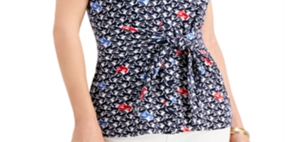 Blusa feminina sem mangas com estampa frontal e amarração Charter Club, azul, tamanho XS