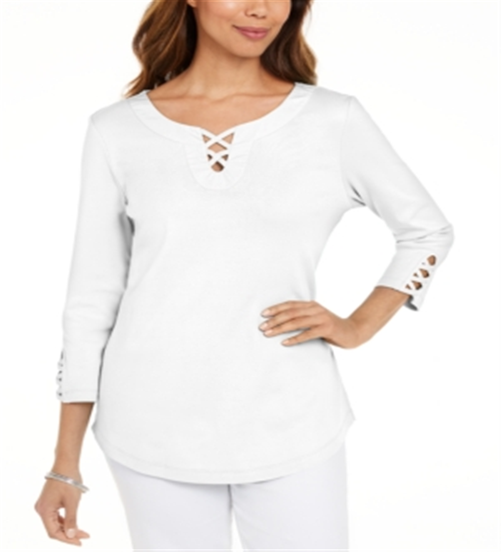 Camiseta feminina Karen Scott de algodão com cadarço, branca, tamanho XX-G