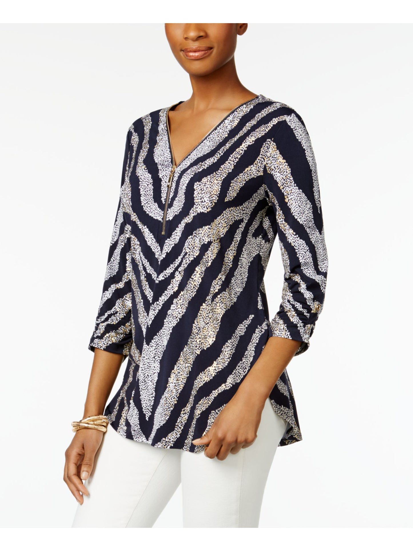 Blusa feminina com estampa de zíper JM Collection, azul, tamanho grande