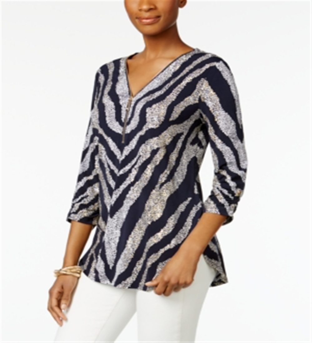 Blusa feminina com estampa de zíper JM Collection, azul, tamanho grande