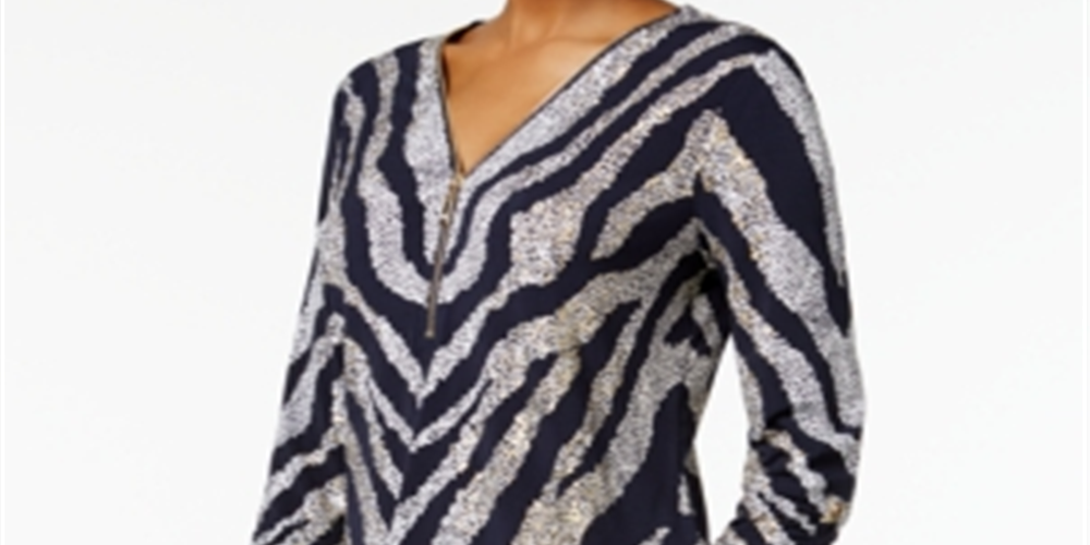 Blusa feminina com estampa de zíper JM Collection, azul, tamanho grande