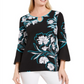Blusa feminina estampada com manga sino e decote em V, tamanho XS, azul, da coleção JM