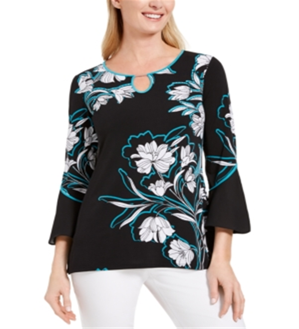 Blusa feminina estampada com manga sino e decote em V, tamanho XS, azul, da coleção JM