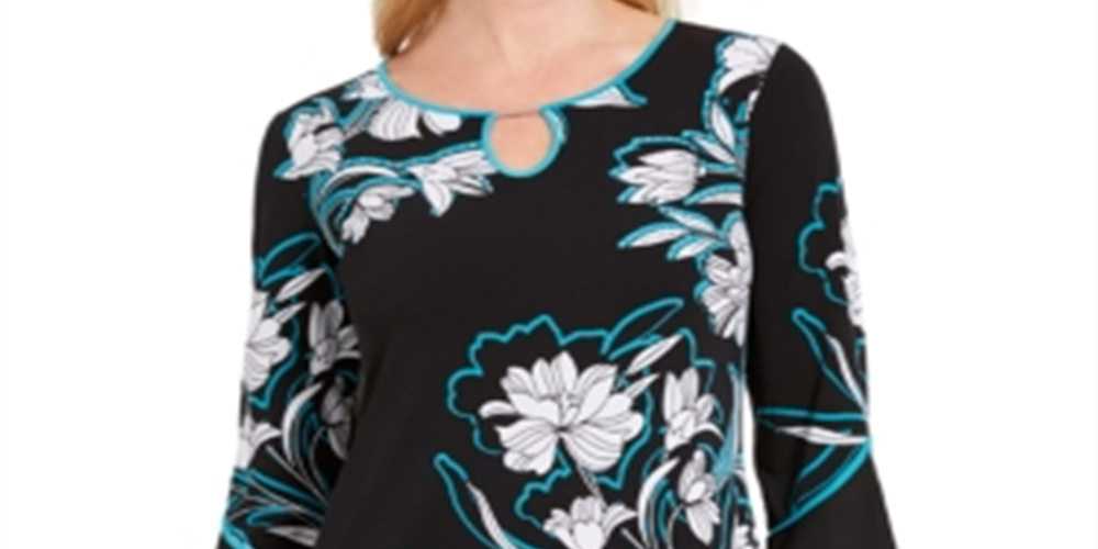 Blusa feminina estampada com manga sino e decote em V, tamanho XS, azul, da coleção JM