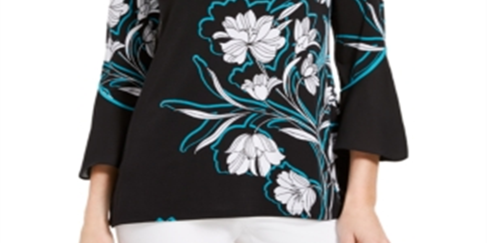 Blusa feminina estampada com manga sino e decote em V, tamanho XS, azul, da coleção JM