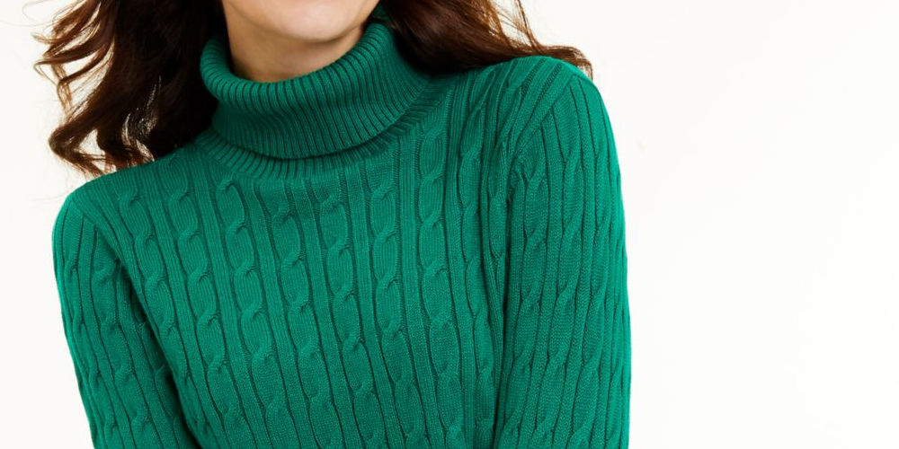 Suéter feminino de gola alta em tricô trançado Charter Club, verde, tamanho pequeno G