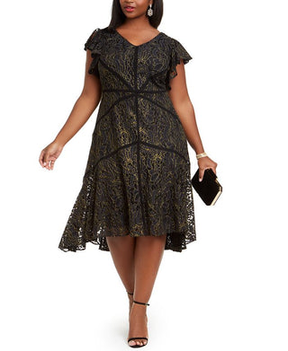 Vestido de renda com mangas esvoaçantes Taylor Women's Plus, preto, tamanho 18W