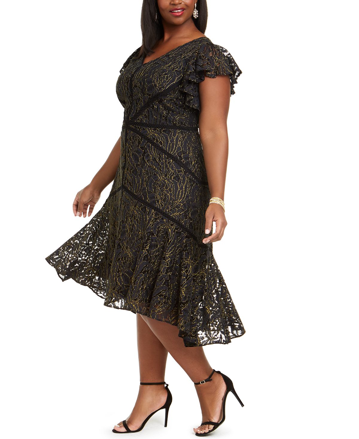 Vestido de renda com mangas esvoaçantes Taylor Women's Plus, preto, tamanho 18W