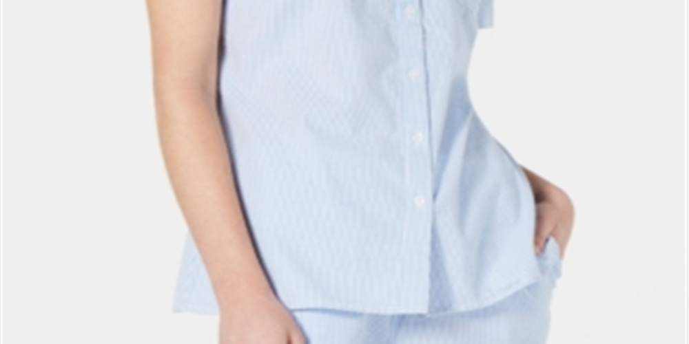 Camisa feminina Karen Scott de algodão seersucker, azul, tamanho pequeno