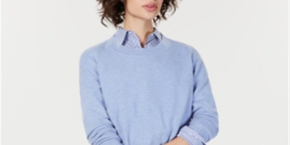 Suéter feminino de cashmere com gola redonda e overlock Charter Club, azul, tamanho GG