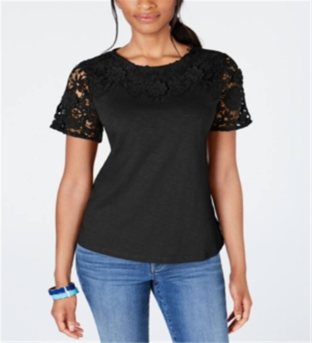 Camiseta feminina Charter Club de algodão com renda e detalhes, preta, tamanho XX-G