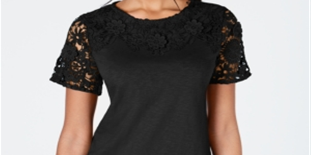 Camiseta feminina Charter Club de algodão com renda e detalhes, preta, tamanho XX-G