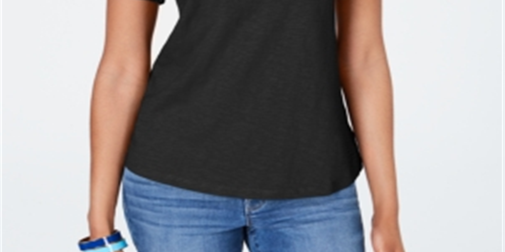 Camiseta feminina Charter Club de algodão com renda e detalhes, preta, tamanho XX-G