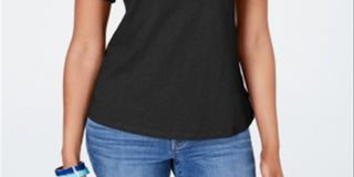 Camiseta feminina Charter Club de algodão com renda e detalhes, preta, tamanho XX-G