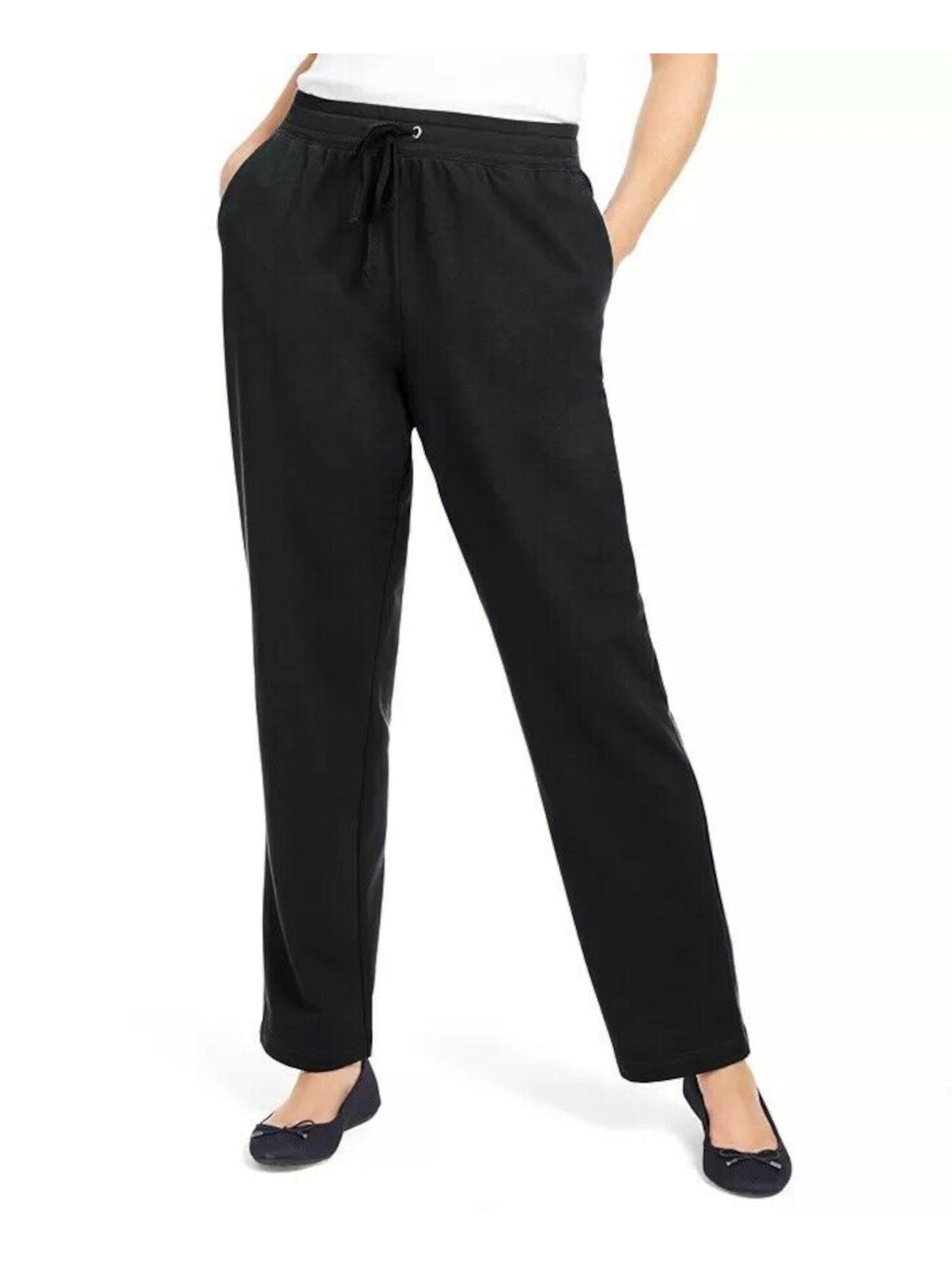 Calça feminina Karen Scott Sport French Terry com acabamento em fita, preta, tamanho grande