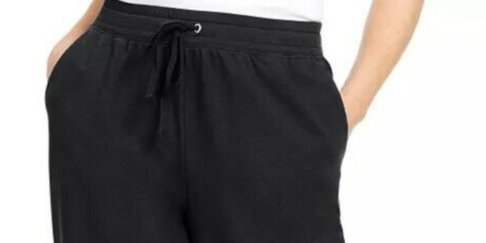 Calça feminina Karen Scott Sport French Terry com acabamento em fita, preta, tamanho grande