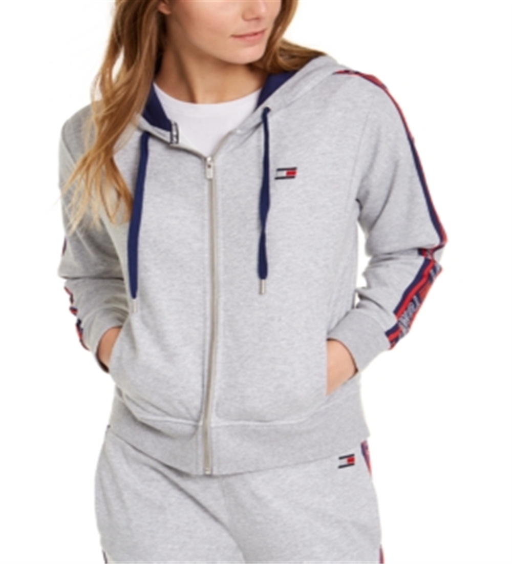 Tommy Hilfiger Moletom com capuz feminino com logotipo esportivo e zíper, tamanho X-G, prateado